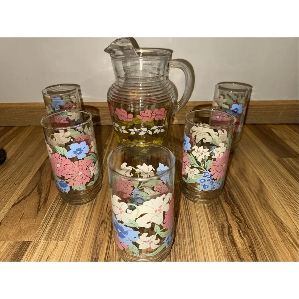 RETRO FLORAL Anchor Hocking Pitcher and 5 Glasses Vintage SET Floral EUC‎